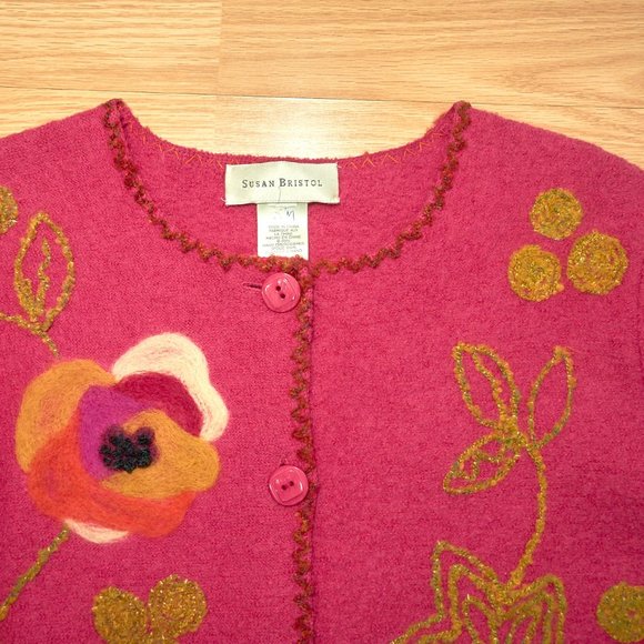Susan Bristol Pink Boiled Wool Hand Embroidered Sweater Cardigan, Vintage Size L - Picture 3 of 9